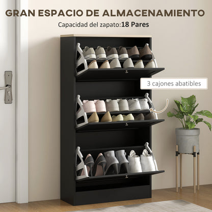 Narrow Shoe Cabinet with 3 Flip-Down Doors Shoe Storage Entryway Shoe Rack with Adjustable Shelves for 18 Pairs of Shoes for Hallway Small Spaces 60x23.5x115 cm Black