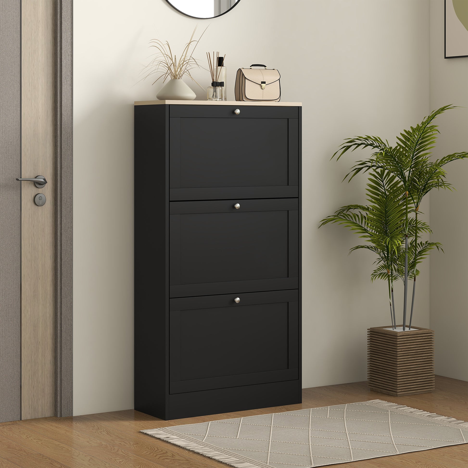 Narrow Shoe Cabinet with 3 Flip-Down Doors Shoe Storage Entryway Shoe Rack with Adjustable Shelves for 18 Pairs of Shoes for Hallway Small Spaces 60x23.5x115 cm Black