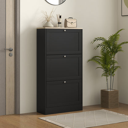 Narrow Shoe Cabinet with 3 Flip-Down Doors Shoe Storage Entryway Shoe Rack with Adjustable Shelves for 18 Pairs of Shoes for Hallway Small Spaces 60x23.5x115 cm Black