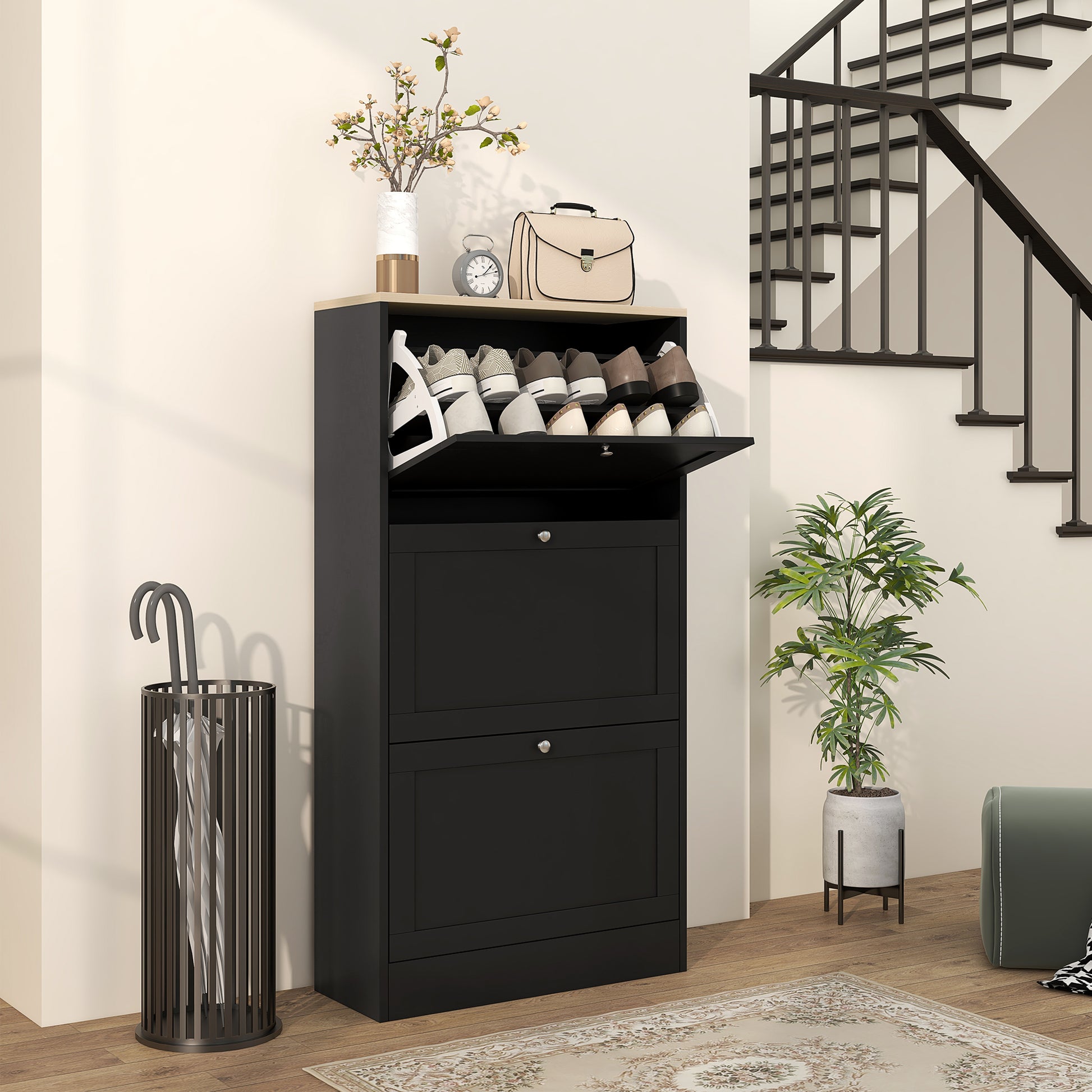 Narrow Shoe Cabinet with 3 Flip-Down Doors Shoe Storage Entryway Shoe Rack with Adjustable Shelves for 18 Pairs of Shoes for Hallway Small Spaces 60x23.5x115 cm Black