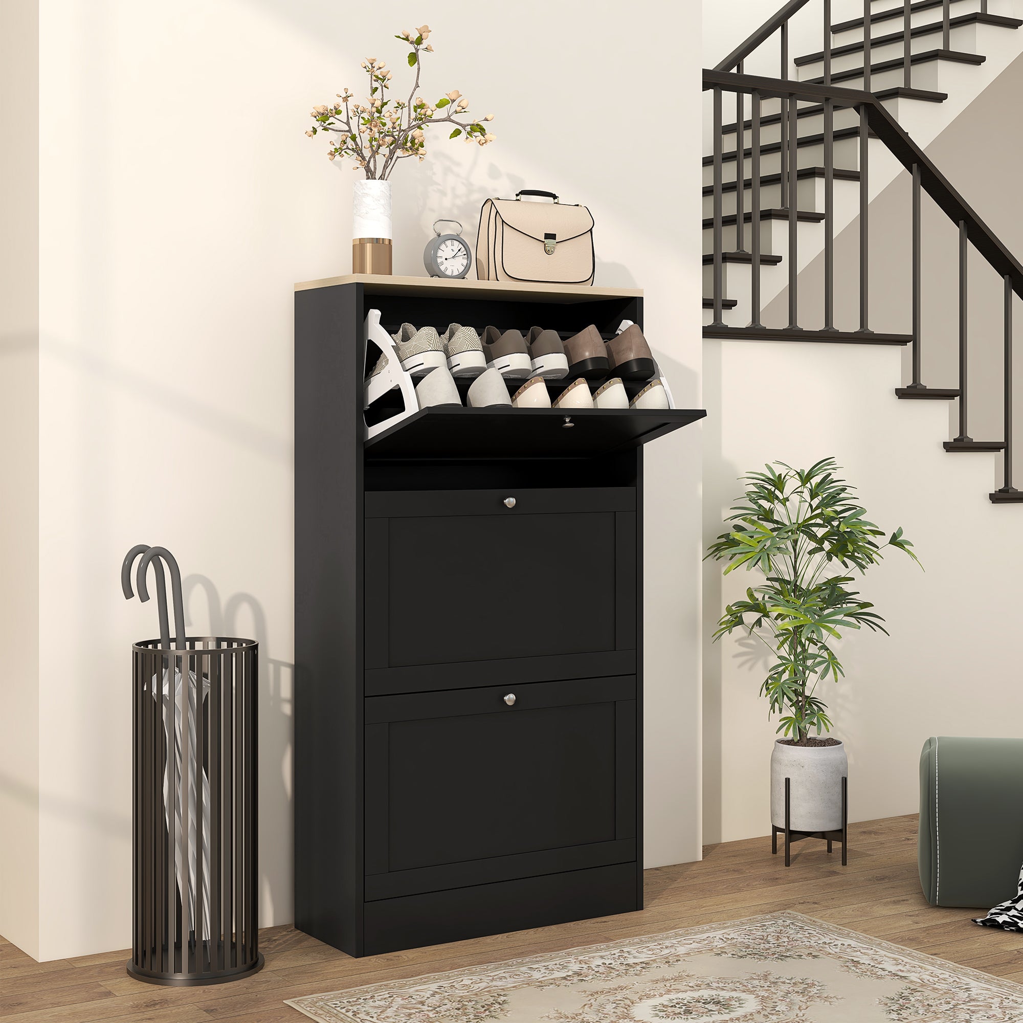 Narrow Shoe Cabinet with 3 Flip-Down Doors Shoe Storage Entryway Shoe Rack with Adjustable Shelves for 18 Pairs of Shoes for Hallway Small Spaces 60x23.5x115 cm Black