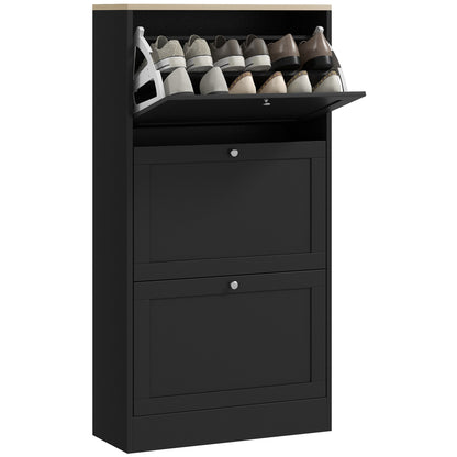 Narrow Shoe Cabinet with 3 Flip-Down Doors Shoe Storage Entryway Shoe Rack with Adjustable Shelves for 18 Pairs of Shoes for Hallway Small Spaces 60x23.5x115 cm Black