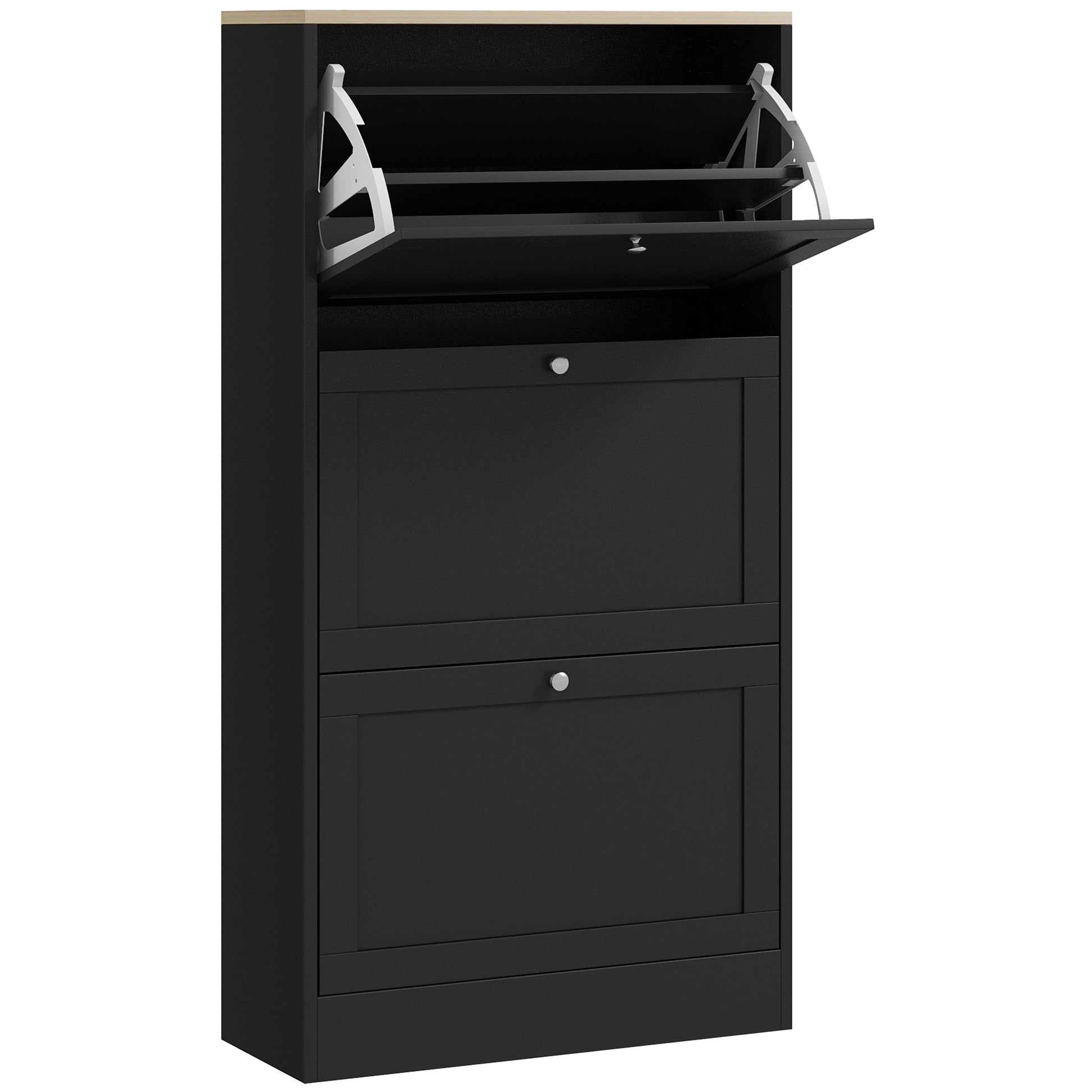 Narrow Shoe Cabinet with 3 Flip-Down Doors Shoe Storage Entryway Shoe Rack with Adjustable Shelves for 18 Pairs of Shoes for Hallway Small Spaces 60x23.5x115 cm Black
