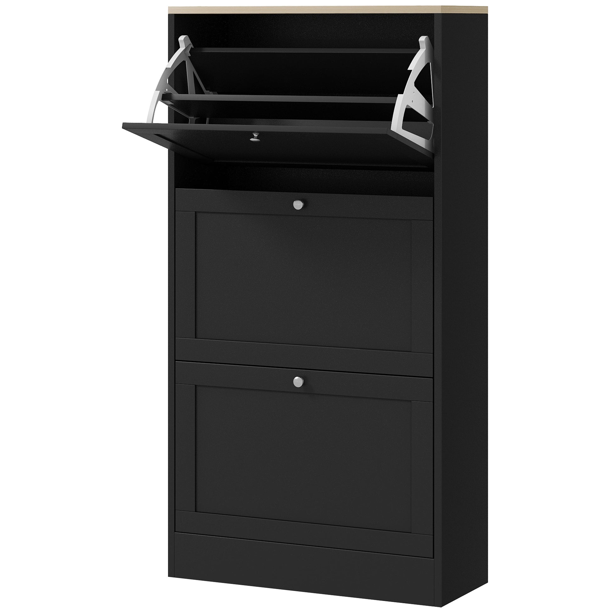 Narrow Shoe Cabinet with 3 Flip-Down Doors Shoe Storage Entryway Shoe Rack with Adjustable Shelves for 18 Pairs of Shoes for Hallway Small Spaces 60x23.5x115 cm Black