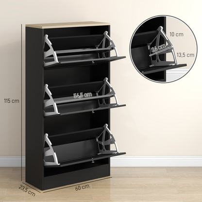 Narrow Shoe Cabinet with 3 Flip-Down Doors Shoe Storage Entryway Shoe Rack with Adjustable Shelves for 18 Pairs of Shoes for Hallway Small Spaces 60x23.5x115 cm Black