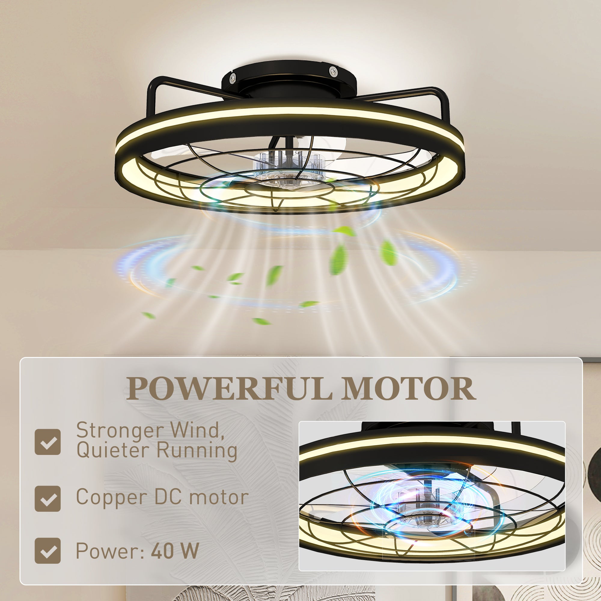 Ceiling Fan with Light, Remote Control, 19 in (48 cm), 40W LED Ceiling Light & Fan, 3 Color Temperatures, Timer, 6 Speeds, Dimmable, Quiet DC Motor, Black Shade