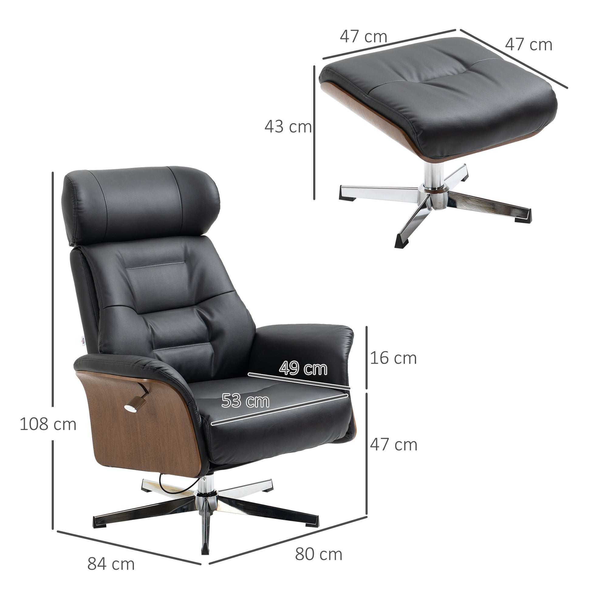 Recliner with Footstool, TV Chair with Reclining Function, Adjustable Headrest, Swivel TV Chair up to 150 kg, for Living Room, Bedroom, Faux Leather, Black