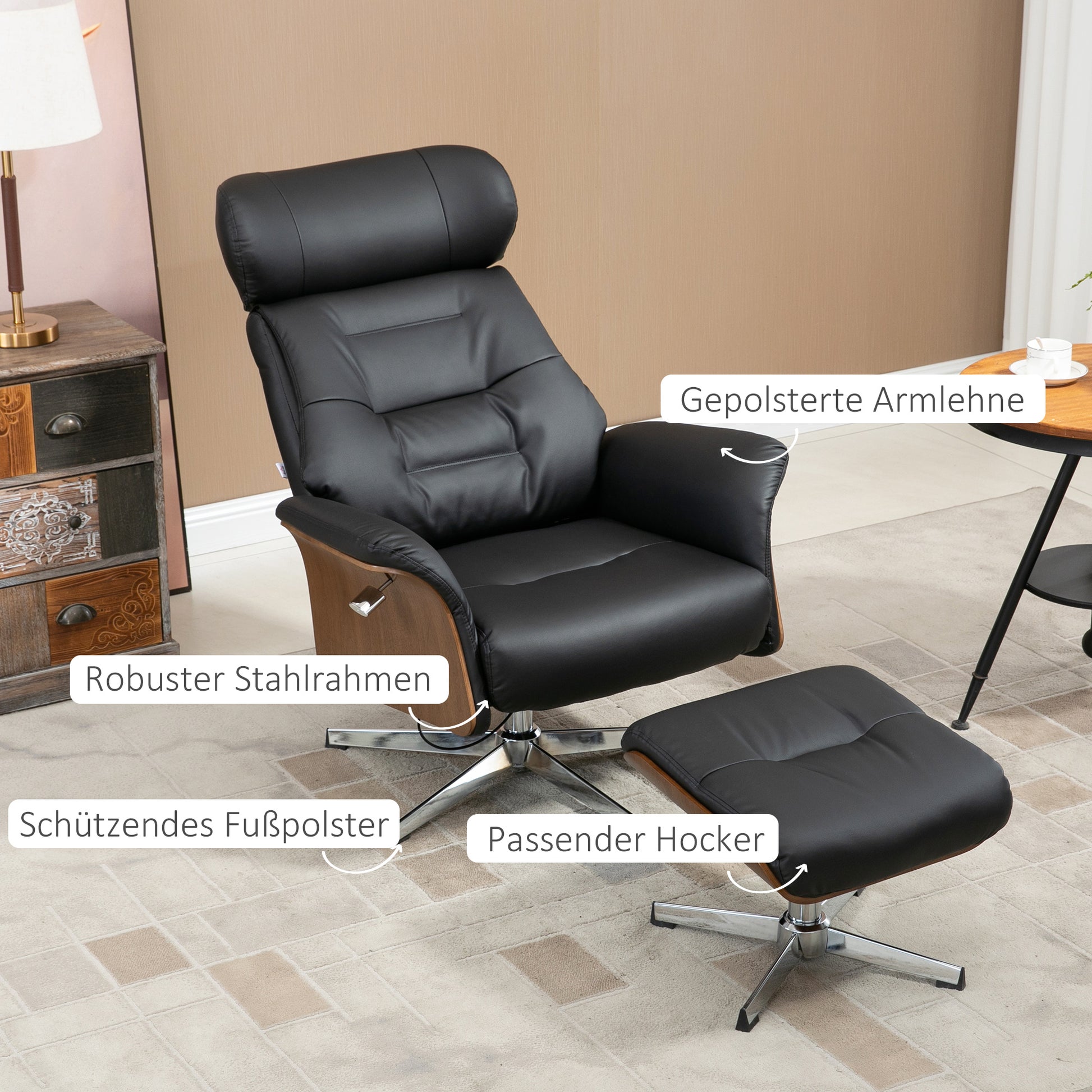 Recliner with Footstool, TV Chair with Reclining Function, Adjustable Headrest, Swivel TV Chair up to 150 kg, for Living Room, Bedroom, Faux Leather, Black