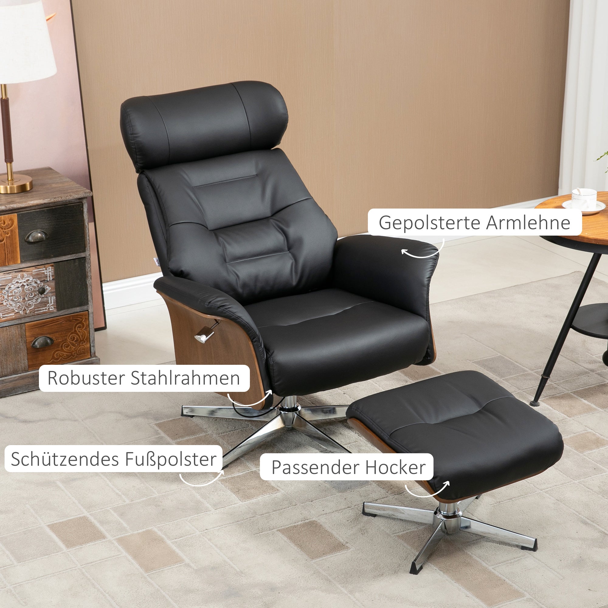 Recliner with Footstool, TV Chair with Reclining Function, Adjustable Headrest, Swivel TV Chair up to 150 kg, for Living Room, Bedroom, Faux Leather, Black
