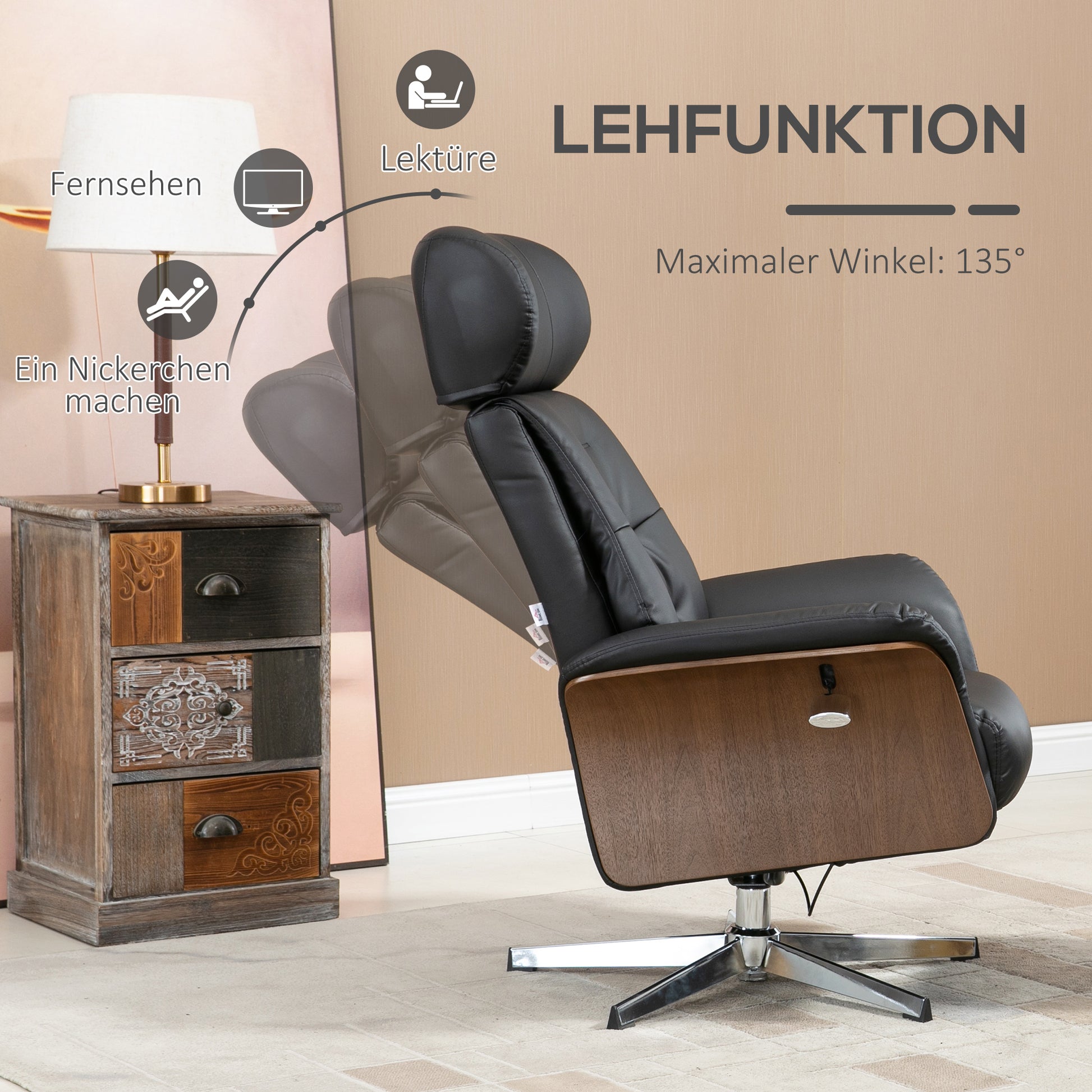 Recliner with Footstool, TV Chair with Reclining Function, Adjustable Headrest, Swivel TV Chair up to 150 kg, for Living Room, Bedroom, Faux Leather, Black