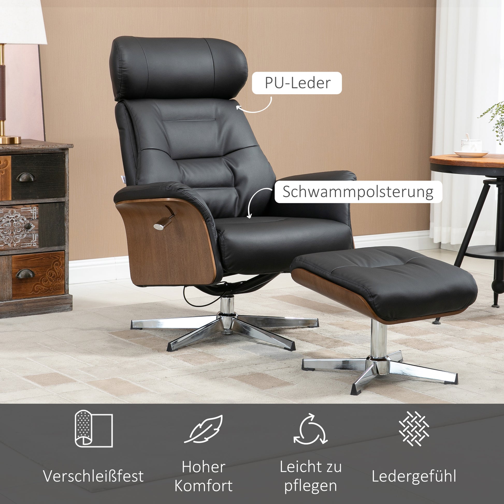 Recliner with Footstool, TV Chair with Reclining Function, Adjustable Headrest, Swivel TV Chair up to 150 kg, for Living Room, Bedroom, Faux Leather, Black