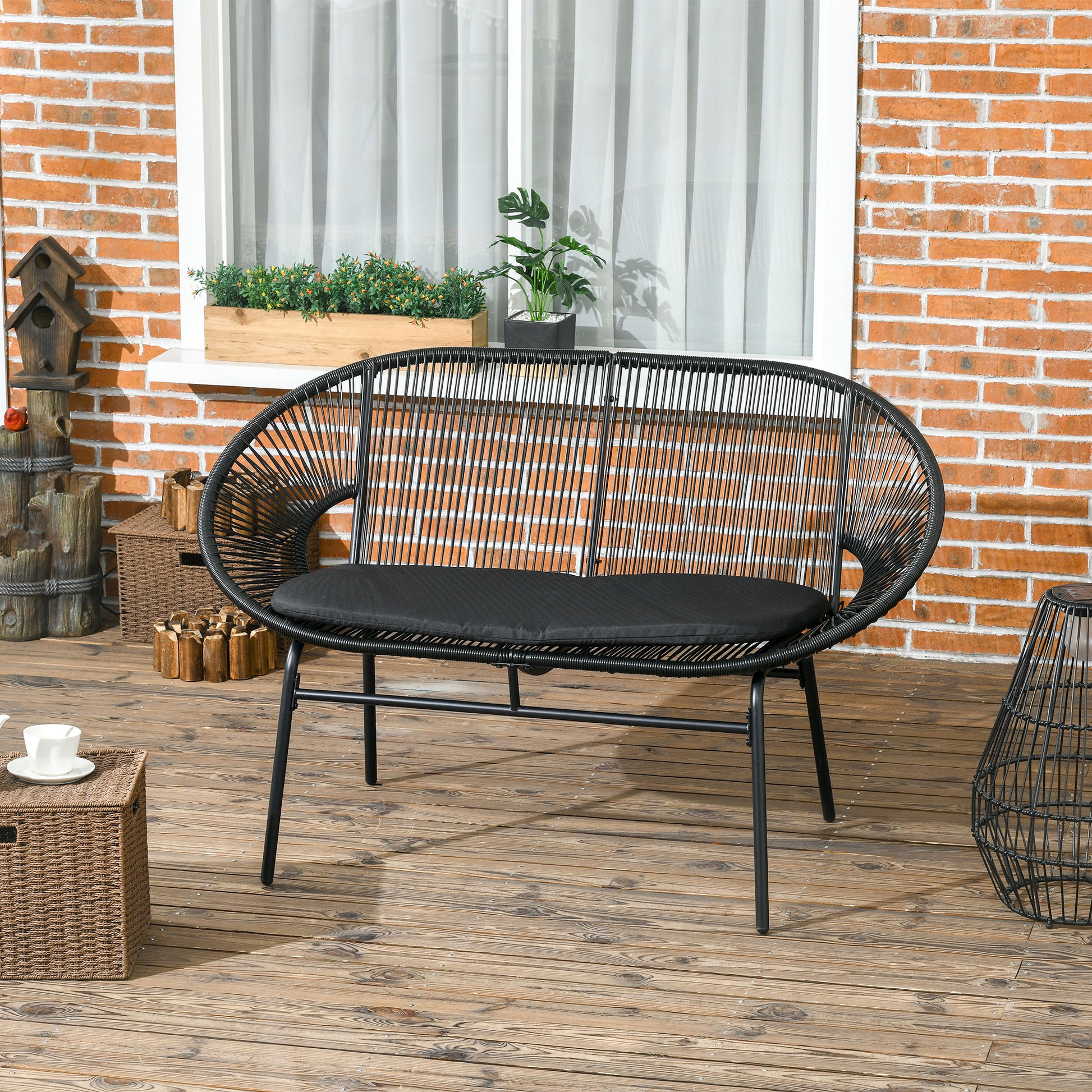 2-Seater Acapulco Garden Chair with Armrests Cushions and Steel Frame Load 260 kg for Balcony Terrace Patio 132x72x83 cm Black