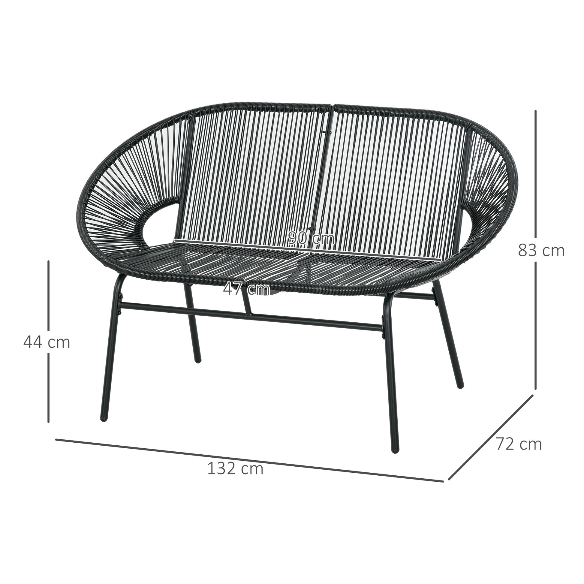 2-Seater Acapulco Garden Chair with Armrests Cushions and Steel Frame Load 260 kg for Balcony Terrace Patio 132x72x83 cm Black