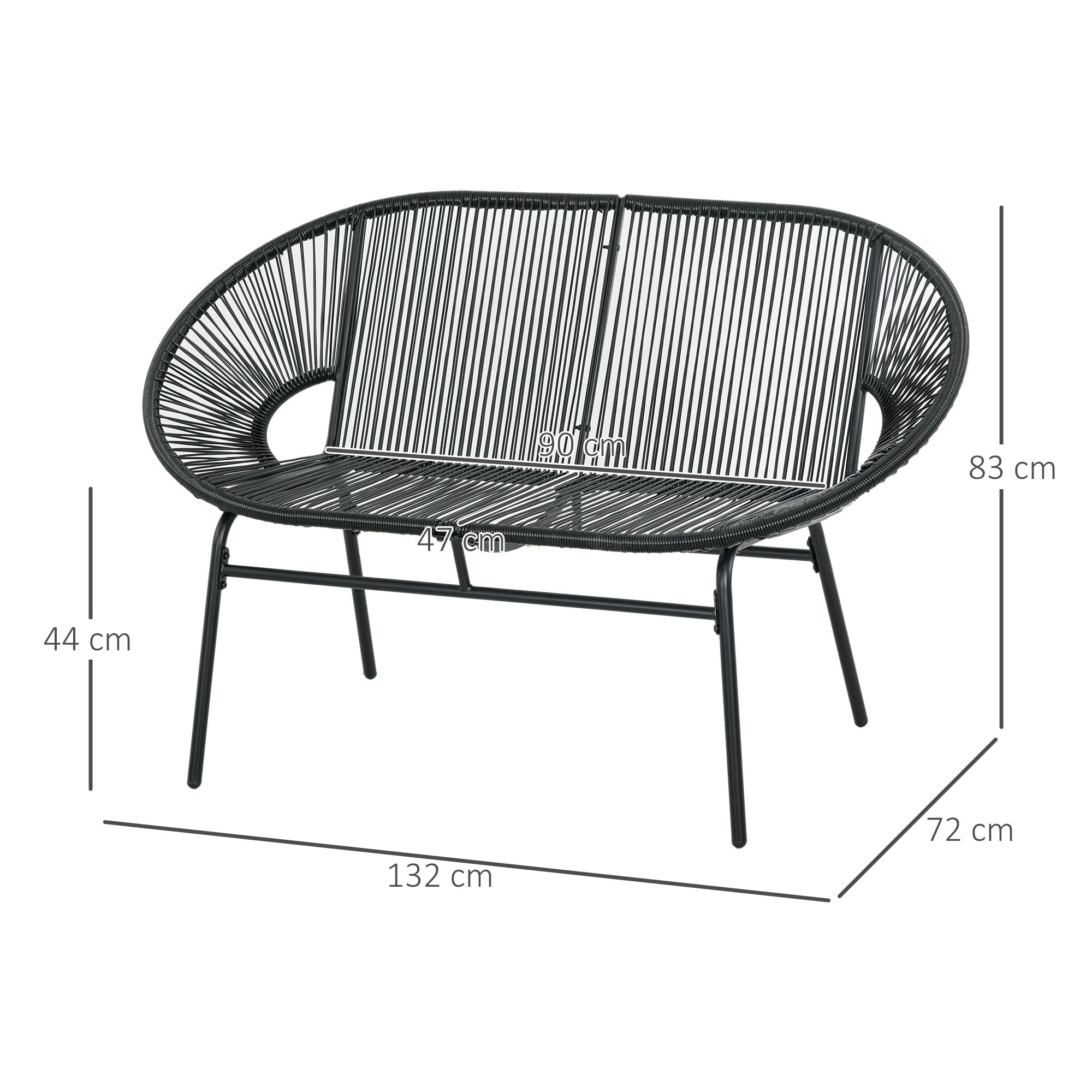 2-Seater Acapulco Garden Chair with Armrests Cushions and Steel Frame Load 260 kg for Balcony Terrace Patio 132x72x83 cm Black