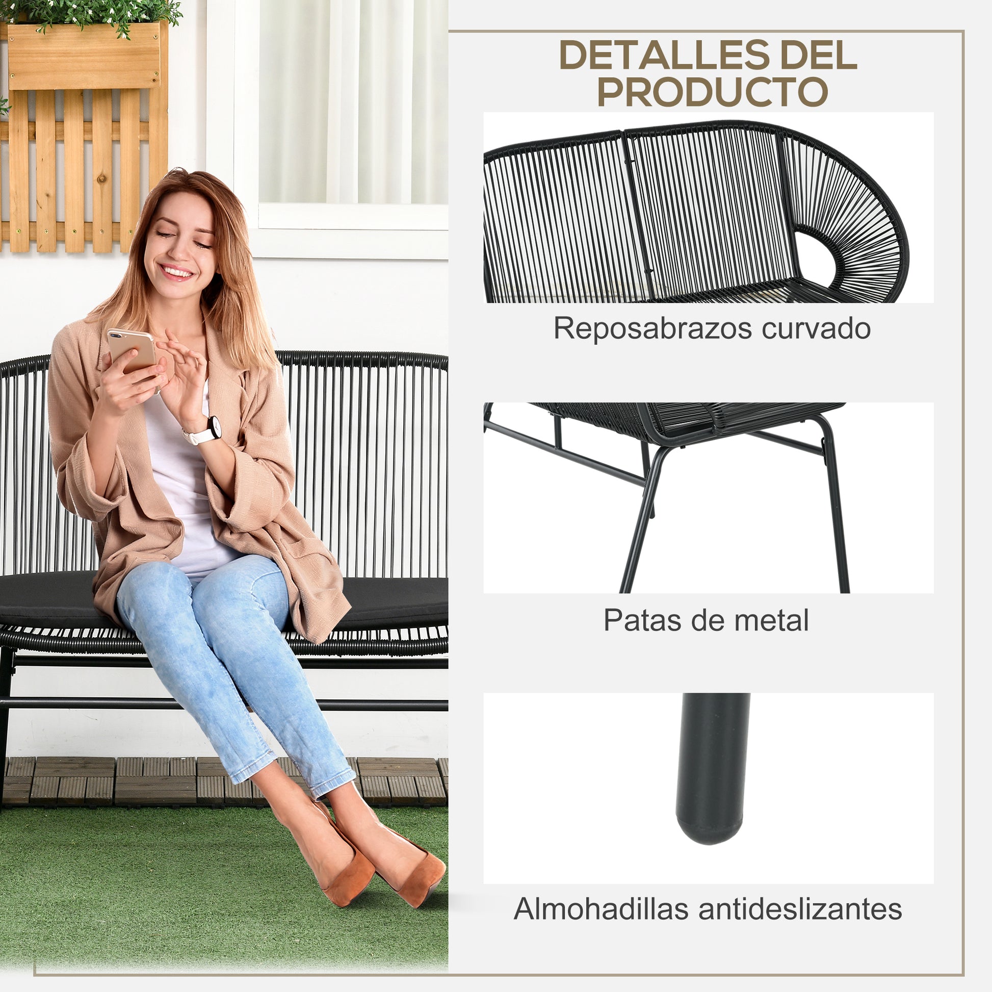 2-Seater Acapulco Garden Chair with Armrests Cushions and Steel Frame Load 260 kg for Balcony Terrace Patio 132x72x83 cm Black