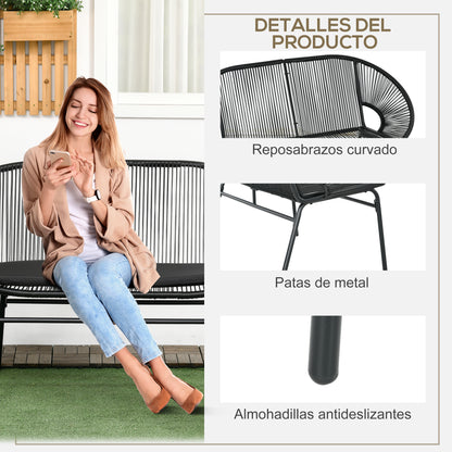 2-Seater Acapulco Garden Chair with Armrests Cushions and Steel Frame Load 260 kg for Balcony Terrace Patio 132x72x83 cm Black