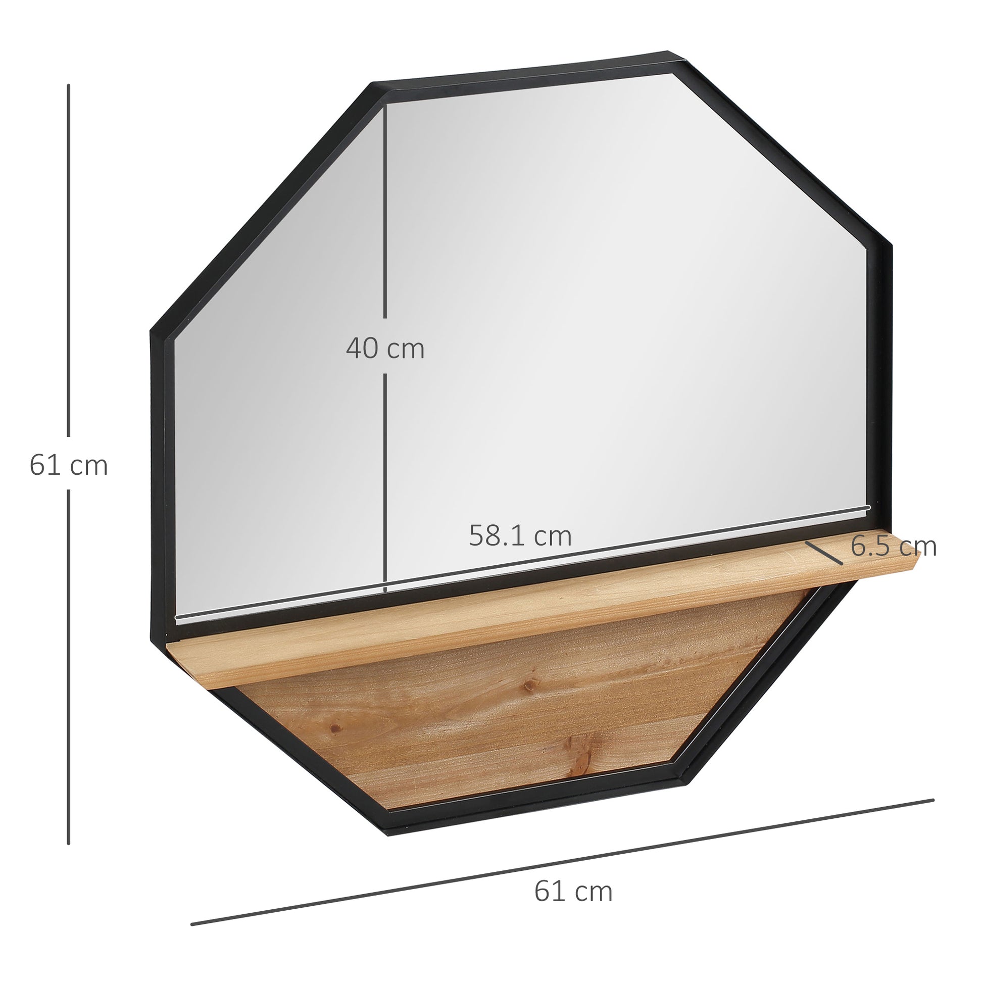 Decorative Wall Mirror 61x61 cm Octagonal Mirror with Storage Shelf for Living Room Bedroom Entryway Black