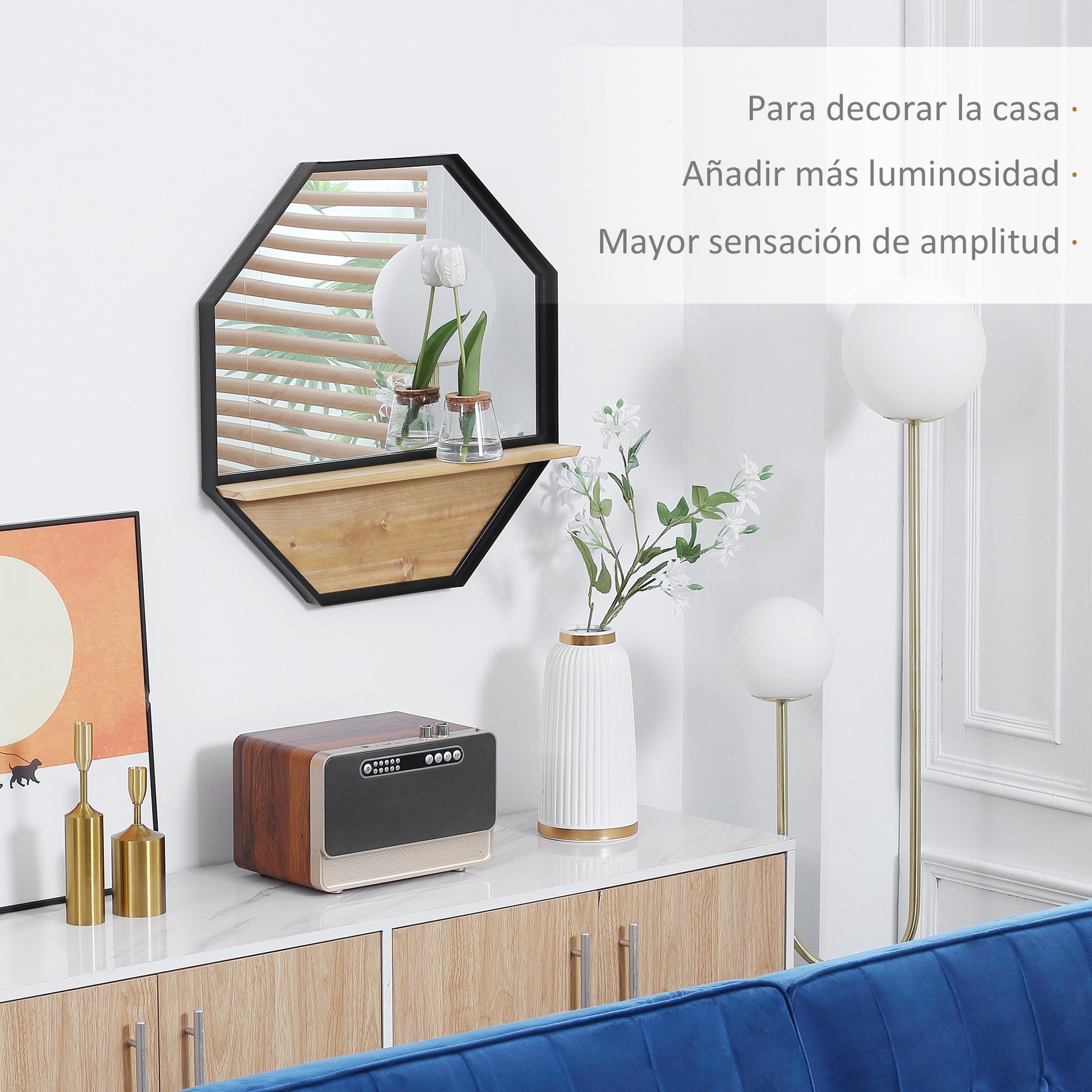 Decorative Wall Mirror 61x61 cm Octagonal Mirror with Storage Shelf for Living Room Bedroom Entryway Black