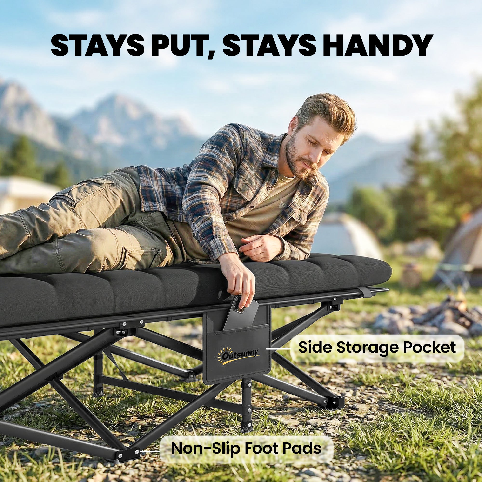 Folding Camping Cot with Carry Bag, 200 x 80 x 40 cm (78.7" x 31.5" x 15.7"), Up to 200 kg (441 lb) – Guest Bed for Adults, Indoor/Outdoor/Travel, Black