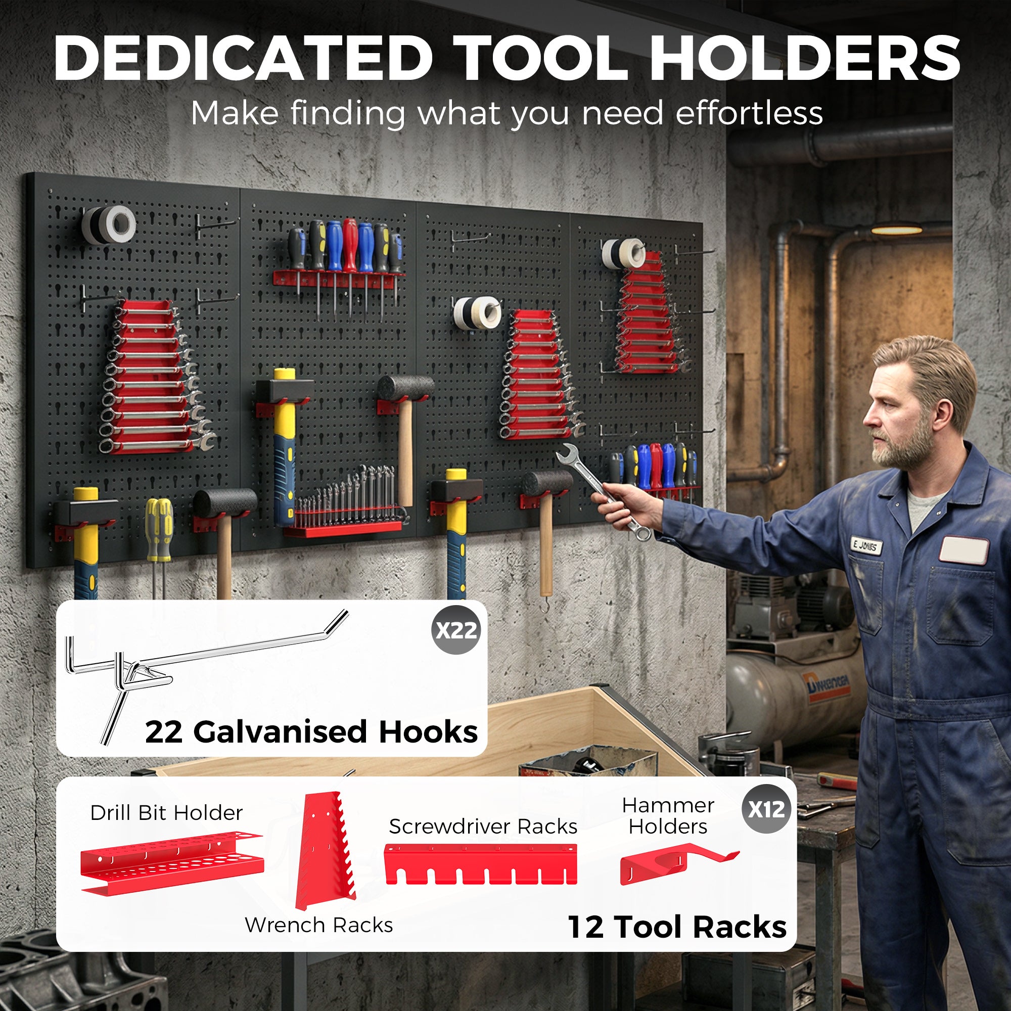 Wall-Mounted Pegboard Storage System, 4 x 23.6 x 15.7 in Panels, 38-Piece Garage Tool Organizer, Black/Red