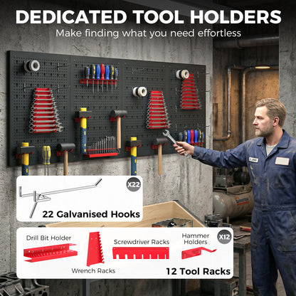 Wall-Mounted Pegboard Storage System, 4 x 23.6 x 15.7 in Panels, 38-Piece Garage Tool Organizer, Black/Red