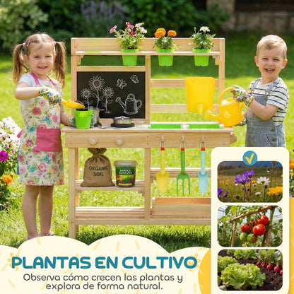 Outdoor Toy Kitchen — Wooden Play Kitchen with Planters, Sink, Faucet, Stainless-Steel Utensils, Chalkboard, Shelves & Hooks — Ages 3–6, Natural