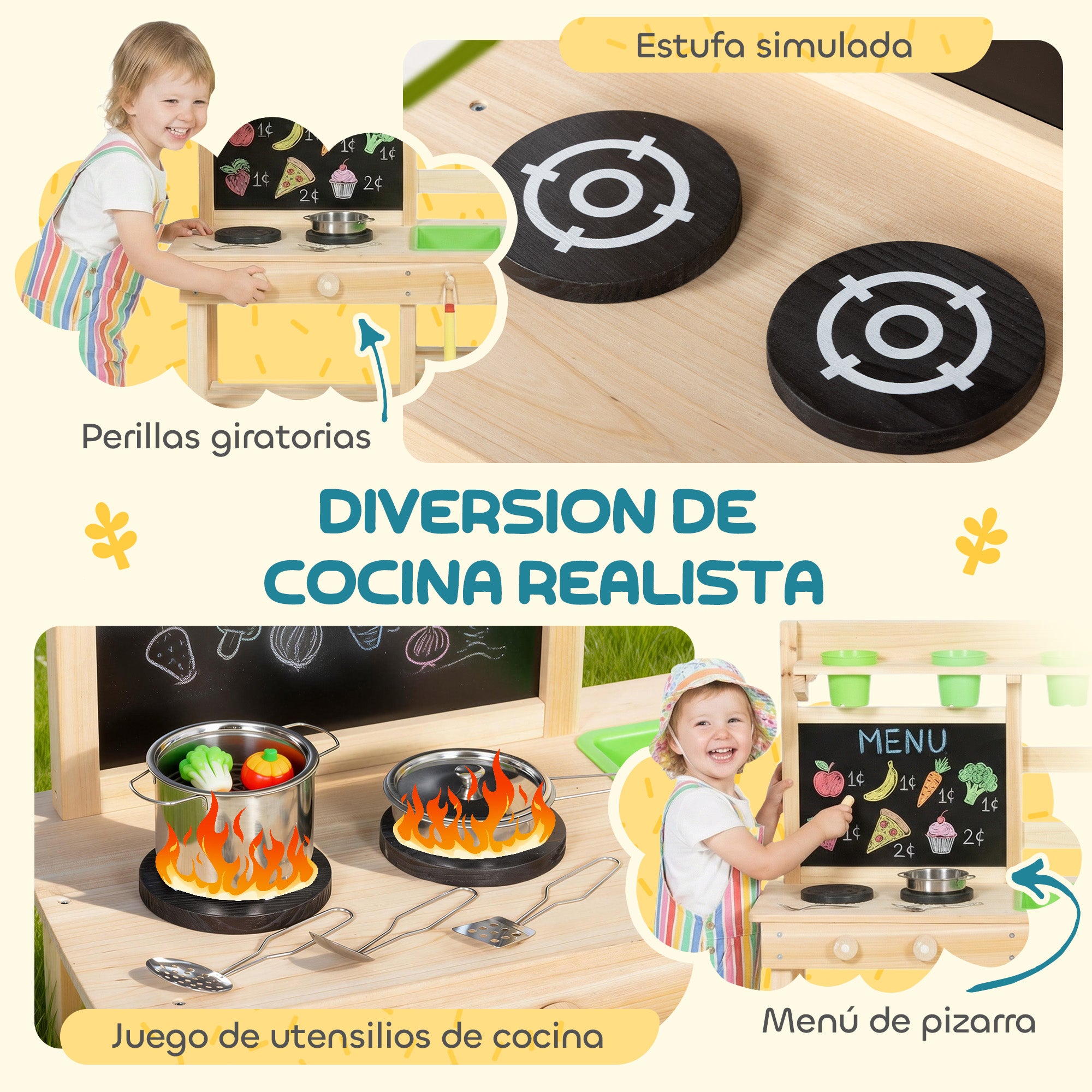 Outdoor Toy Kitchen — Wooden Play Kitchen with Planters, Sink, Faucet, Stainless-Steel Utensils, Chalkboard, Shelves & Hooks — Ages 3–6, Natural