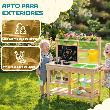 Outdoor Toy Kitchen — Wooden Play Kitchen with Planters, Sink, Faucet, Stainless-Steel Utensils, Chalkboard, Shelves & Hooks — Ages 3–6, Natural