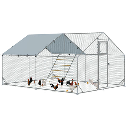 Outdoor Chicken Coop 3x4x1.95 m Galvanized Steel Chicken Coop with Hanging Skewer Feeder Multifunctional Perch UV and Waterproof Cover for Rabbits Ducks Geese Silver