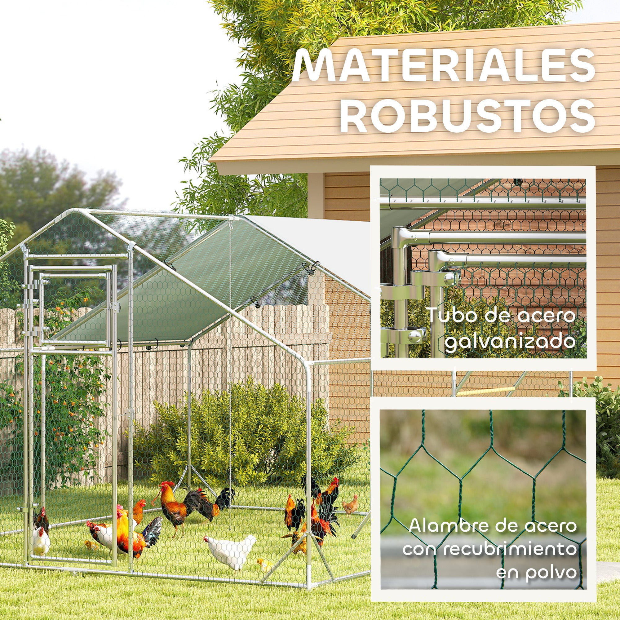 Outdoor Chicken Coop 3x4x1.95 m Galvanized Steel Chicken Coop with Hanging Skewer Feeder Multifunctional Perch UV and Waterproof Cover for Rabbits Ducks Geese Silver