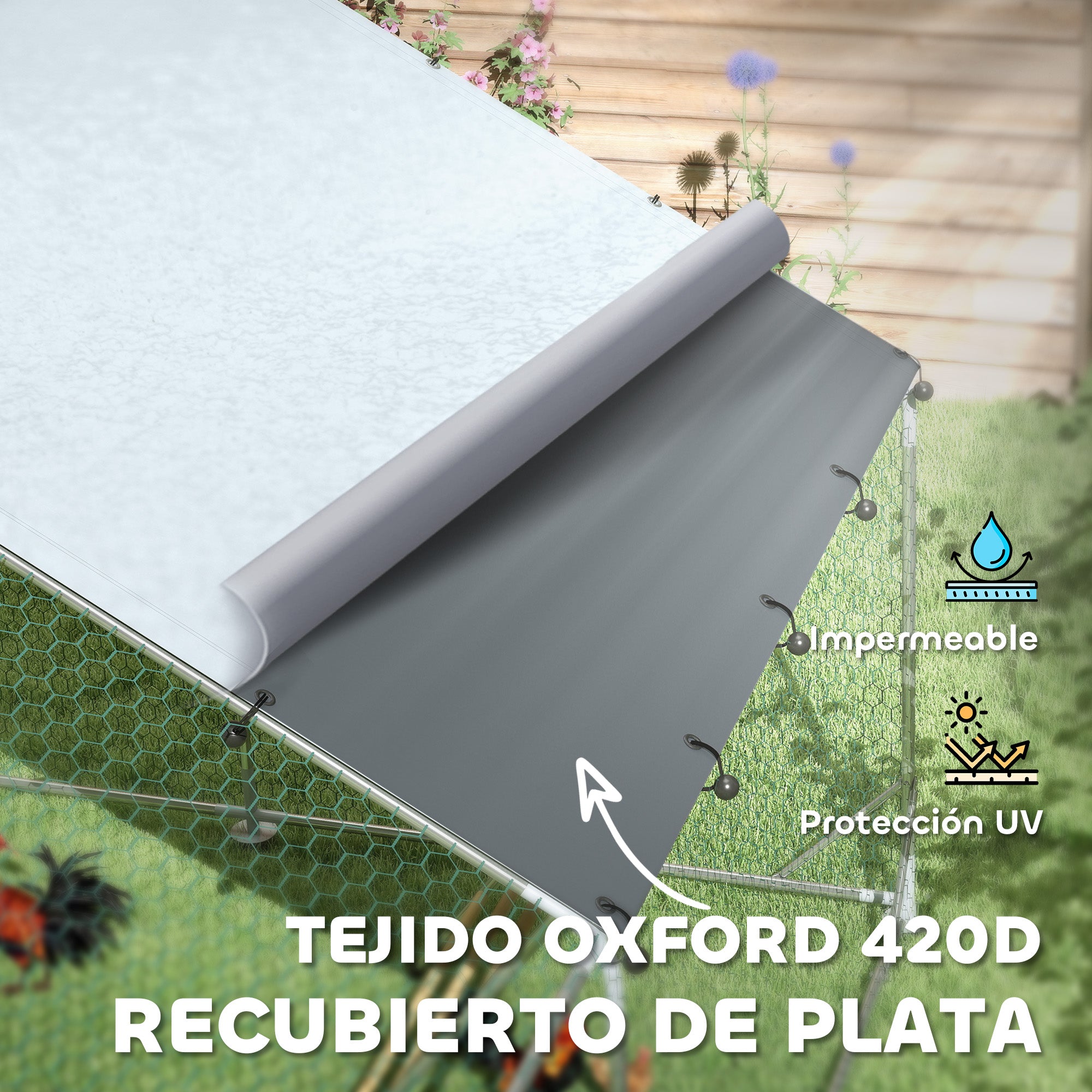 Outdoor Chicken Coop 3x4x1.95 m Galvanized Steel Chicken Coop with Hanging Skewer Feeder Multifunctional Perch UV and Waterproof Cover for Rabbits Ducks Geese Silver