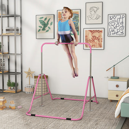 Folding Pull-Up Bar for Kids 3-8 Years, Gymnastics Bar with 5 Adjustable Heights and Steel Structure, 154x106.2x88.5-128.5cm, Pink