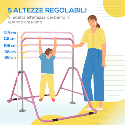 Folding Pull-Up Bar for Kids 3-8 Years, Gymnastics Bar with 5 Adjustable Heights and Steel Structure, 154x106.2x88.5-128.5cm, Pink