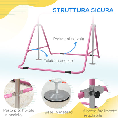 Folding Pull-Up Bar for Kids 3-8 Years, Gymnastics Bar with 5 Adjustable Heights and Steel Structure, 154x106.2x88.5-128.5cm, Pink