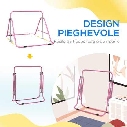 Folding Pull-Up Bar for Kids 3-8 Years, Gymnastics Bar with 5 Adjustable Heights and Steel Structure, 154x106.2x88.5-128.5cm, Pink