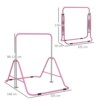 Folding Pull-Up Bar for Kids 3-8 Years, Gymnastics Bar with 5 Adjustable Heights and Steel Structure, 154x106.2x88.5-128.5cm, Pink