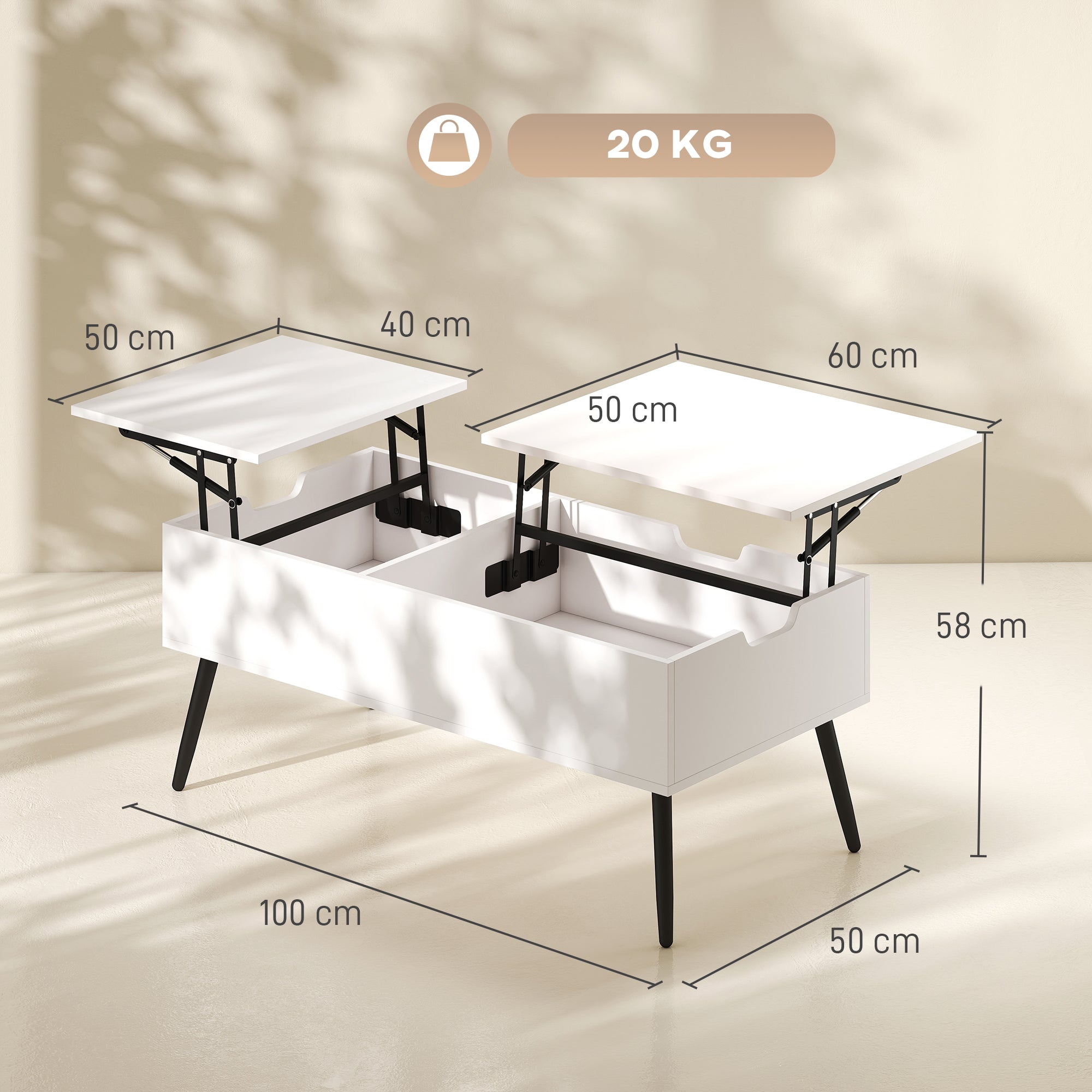 Lift-Top Coffee Table with Dual Tops & Hidden Compartment, Modern Metal-Leg Living Room Table for Home & Office — 39.4 x 19.7 x 17.2–22.8 in (100 x 50 x 43.6–58 cm), White