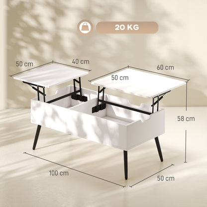 Lift-Top Coffee Table with Dual Tops & Hidden Compartment, Modern Metal-Leg Living Room Table for Home & Office — 39.4 x 19.7 x 17.2–22.8 in (100 x 50 x 43.6–58 cm), White