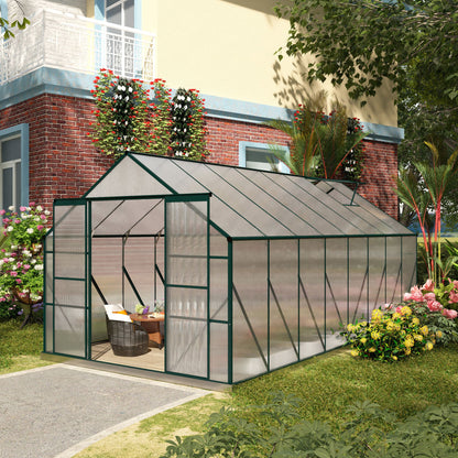 Polycarbonate Garden Greenhouse 244x500x216cm, with Openable Window and Sliding Door, Aluminum Frame, Green