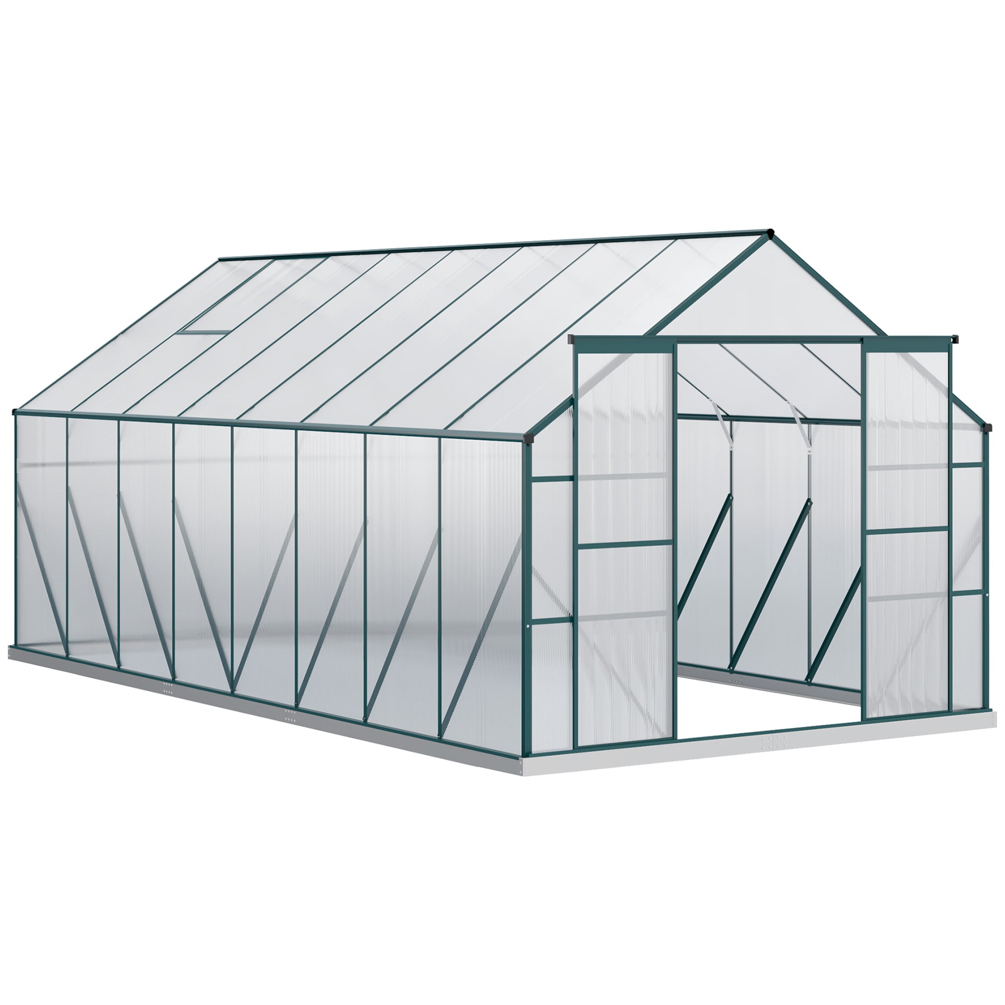 Polycarbonate Garden Greenhouse 244x500x216cm, with Openable Window and Sliding Door, Aluminum Frame, Green
