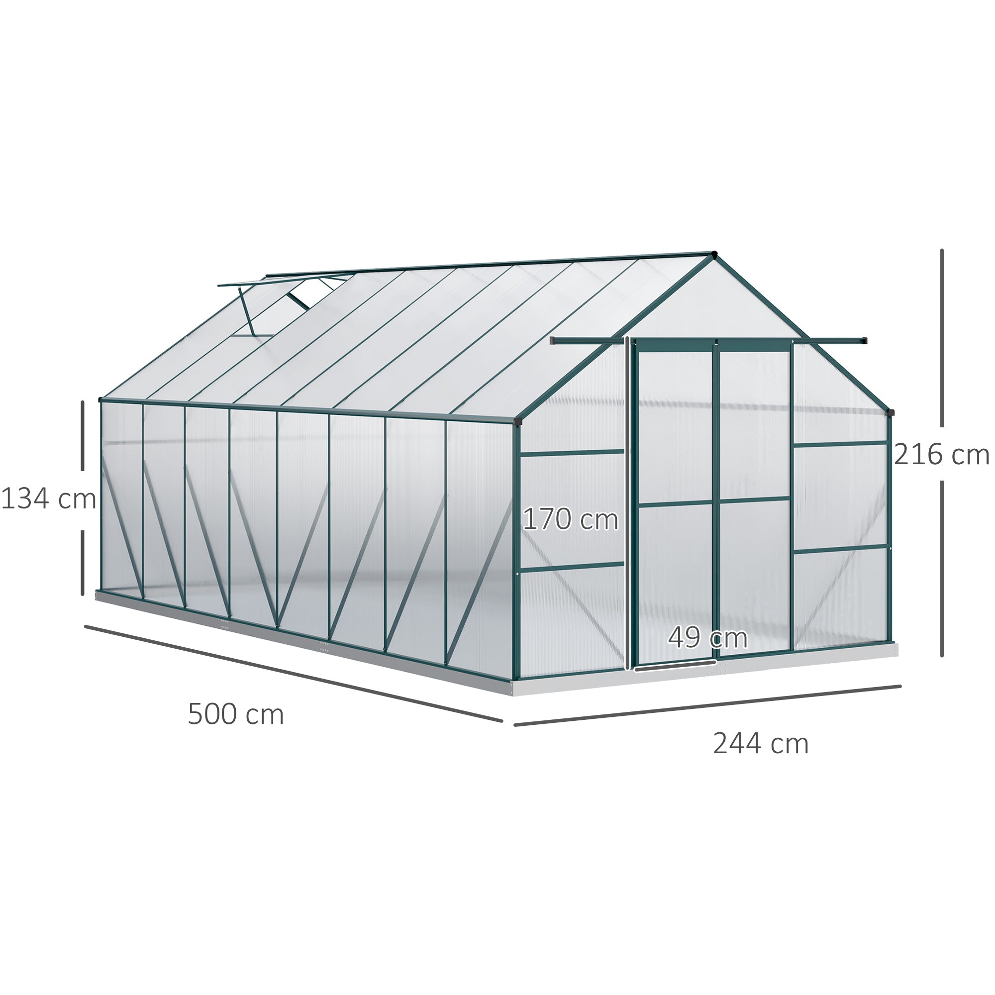 Polycarbonate Garden Greenhouse 244x500x216cm, with Openable Window and Sliding Door, Aluminum Frame, Green