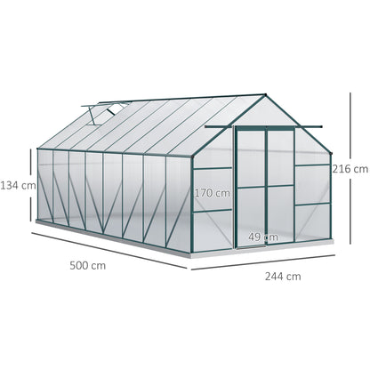 Polycarbonate Garden Greenhouse 244x500x216cm, with Openable Window and Sliding Door, Aluminum Frame, Green