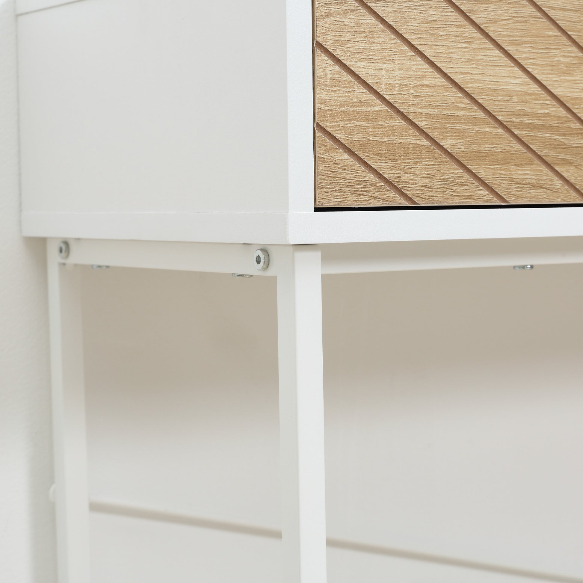 Narrow Console Table Entryway Table with 2 Drawers Carved Line Design Modern Style for Hallway Entryway Living Room Bedroom 100x30x75 cm White and Oak