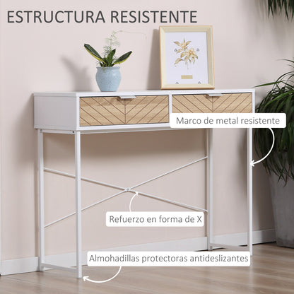 Narrow Console Table Entryway Table with 2 Drawers Carved Line Design Modern Style for Hallway Entryway Living Room Bedroom 100x30x75 cm White and Oak