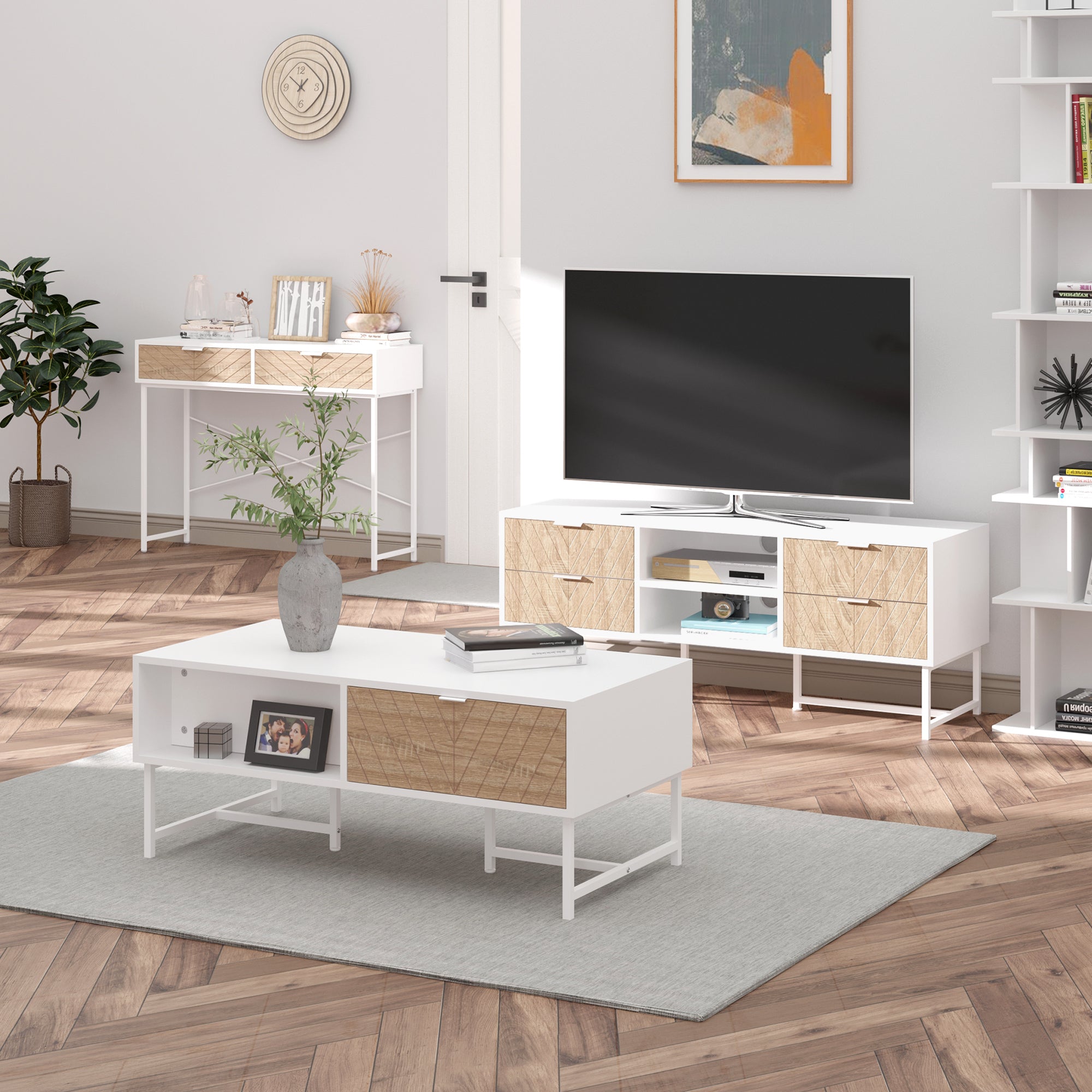 Narrow Console Table Entryway Table with 2 Drawers Carved Line Design Modern Style for Hallway Entryway Living Room Bedroom 100x30x75 cm White and Oak
