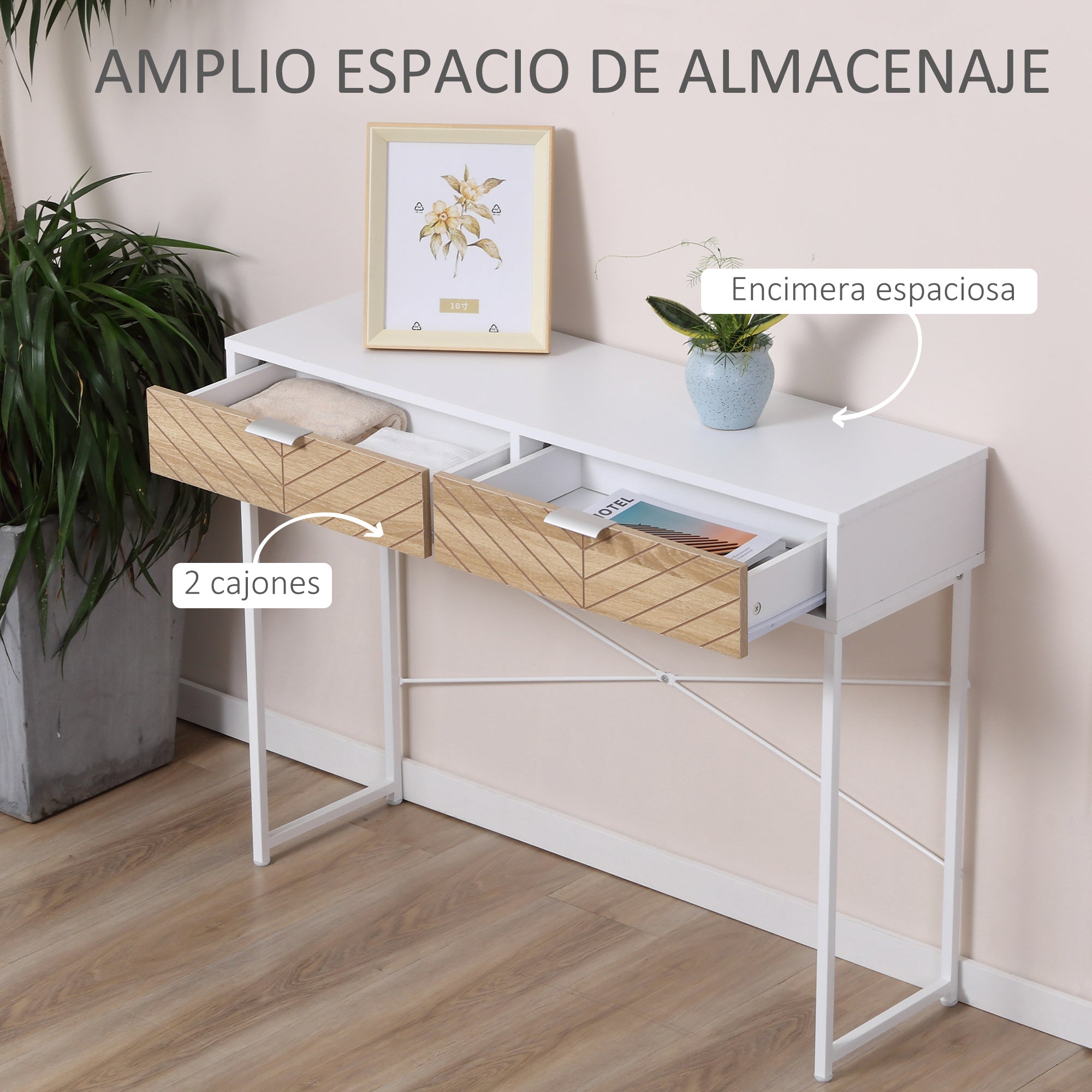 Narrow Console Table Entryway Table with 2 Drawers Carved Line Design Modern Style for Hallway Entryway Living Room Bedroom 100x30x75 cm White and Oak