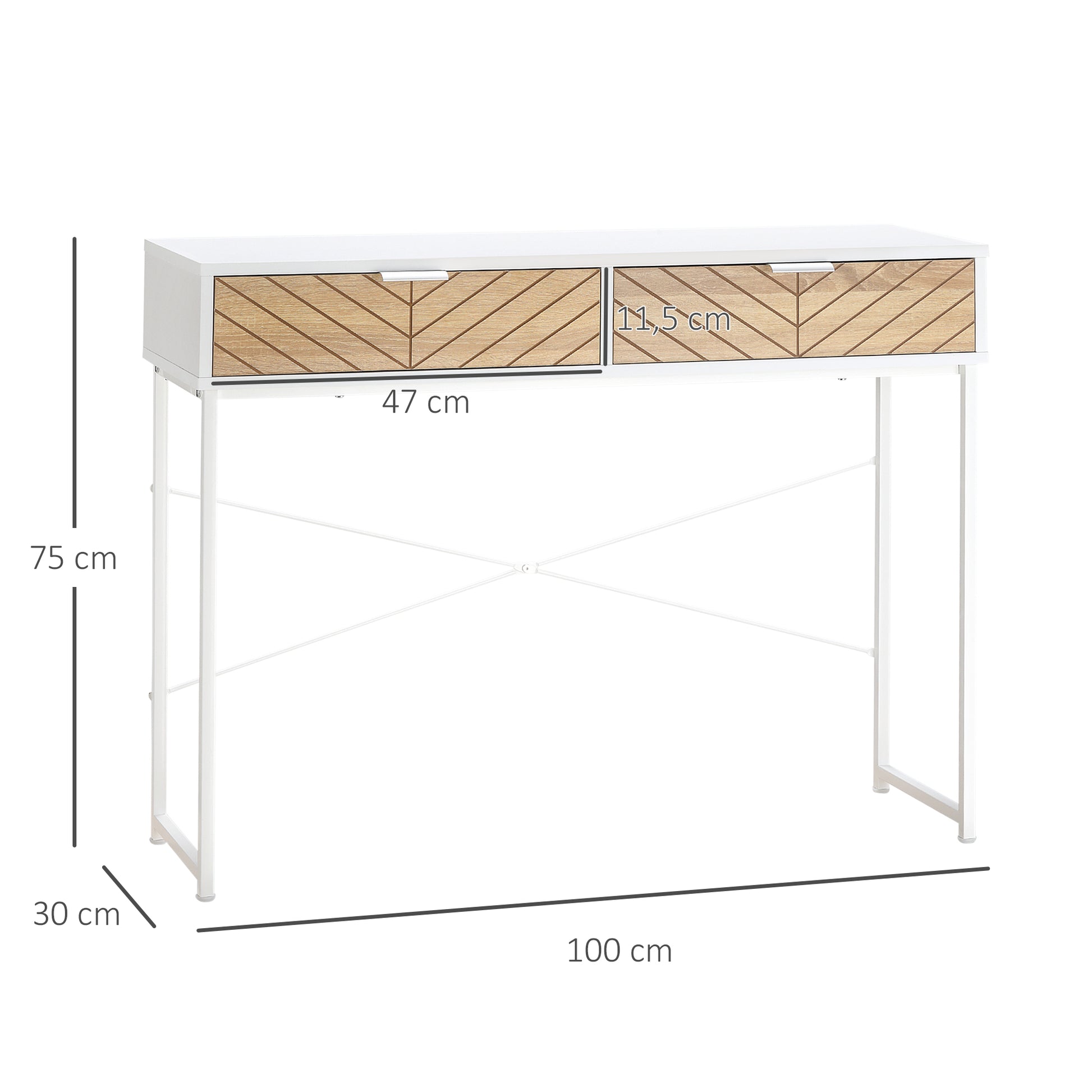 Narrow Console Table Entryway Table with 2 Drawers Carved Line Design Modern Style for Hallway Entryway Living Room Bedroom 100x30x75 cm White and Oak