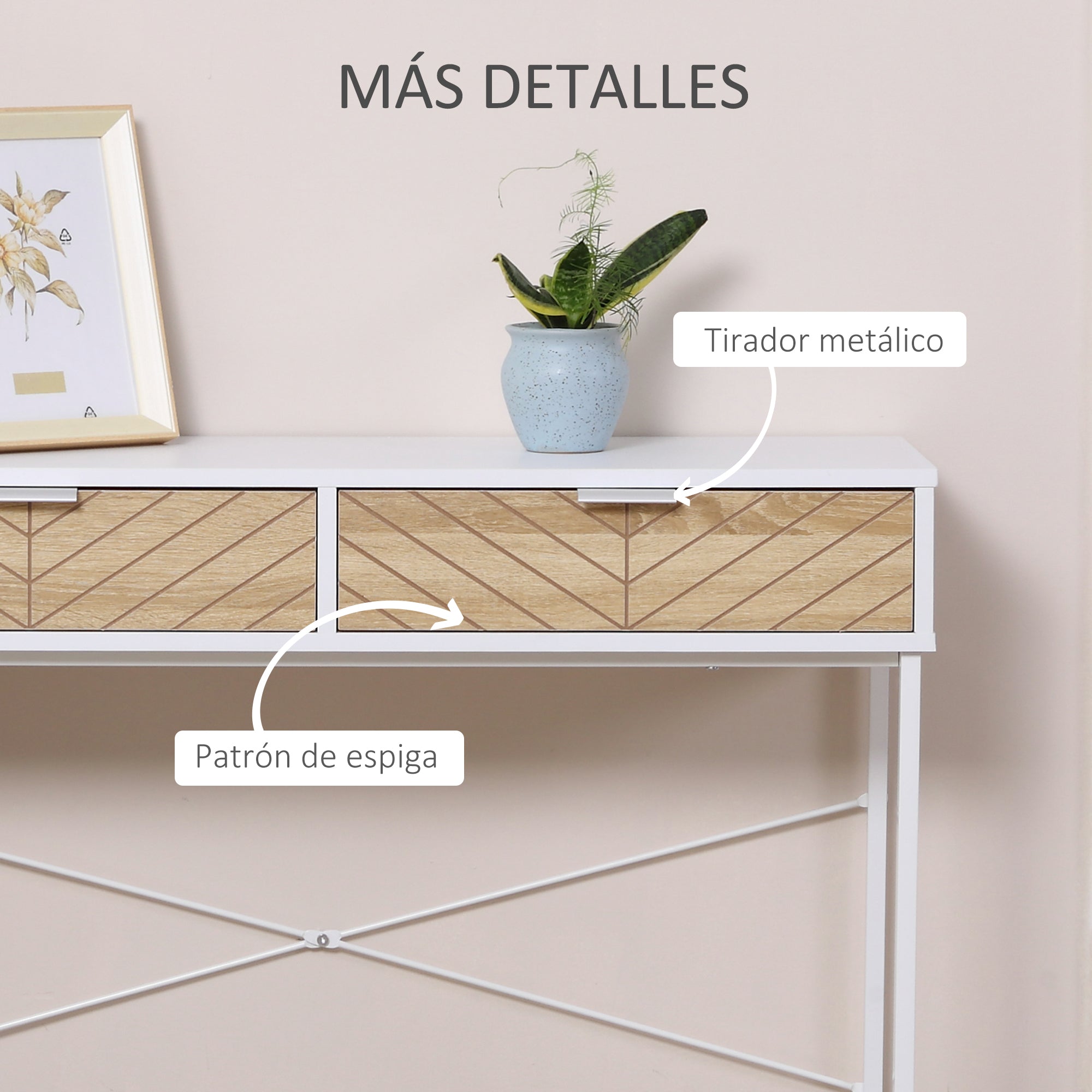 Narrow Console Table Entryway Table with 2 Drawers Carved Line Design Modern Style for Hallway Entryway Living Room Bedroom 100x30x75 cm White and Oak