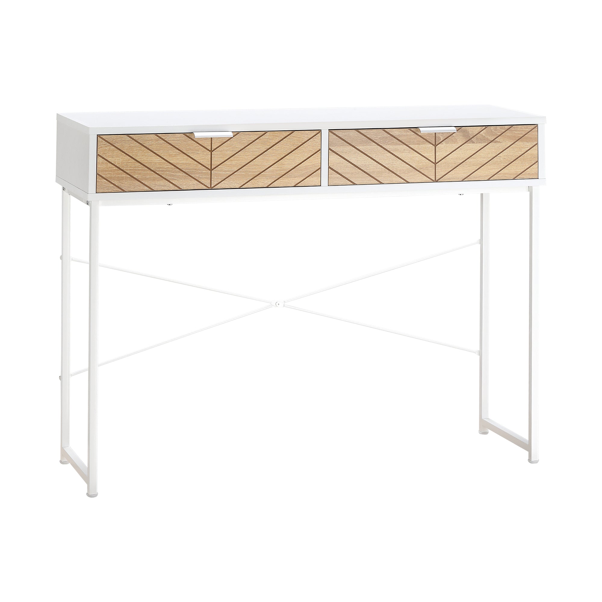 Narrow Console Table Entryway Table with 2 Drawers Carved Line Design Modern Style for Hallway Entryway Living Room Bedroom 100x30x75 cm White and Oak
