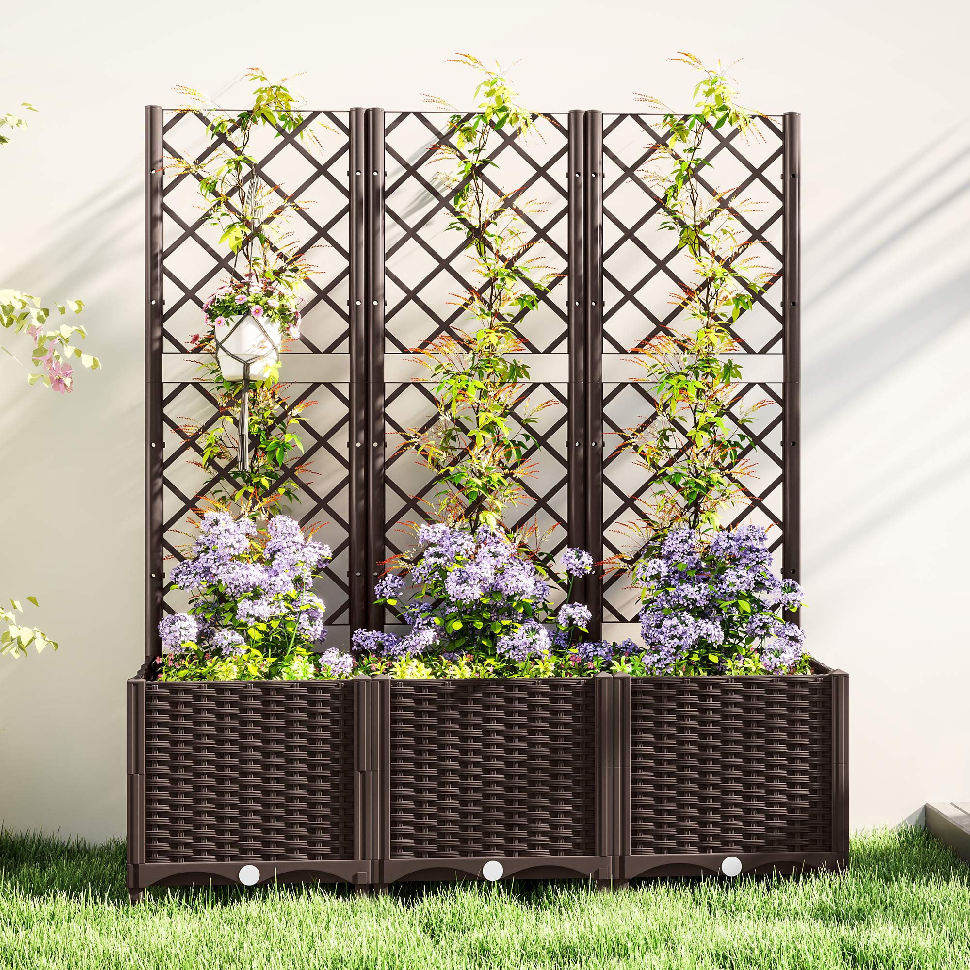 PP Garden Planter with Trellis Large Outdoor Planter with Drainage Holes Water Reservoirs for Climbing Plants Planter with Support for Garden Patio Terrace 120x40x135 cm Brown